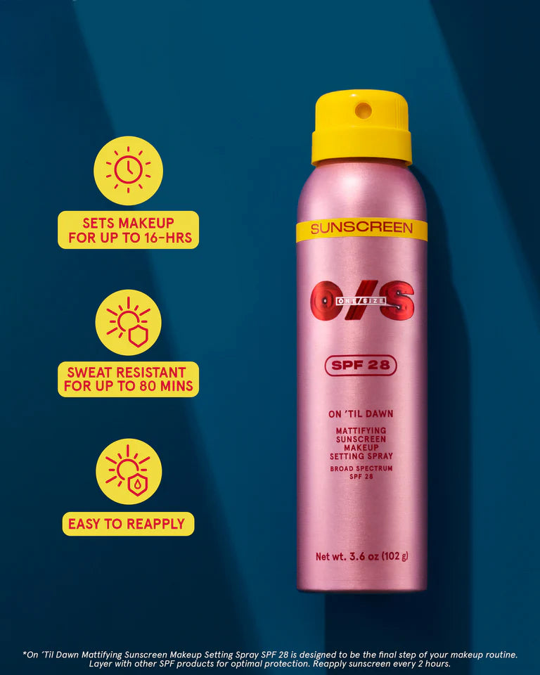 One size ON ‘TIL DAWN
MATTIFYING SUNSCREEN MAKEUP SETTING SPRAY SPF 28 FULL-SIZED