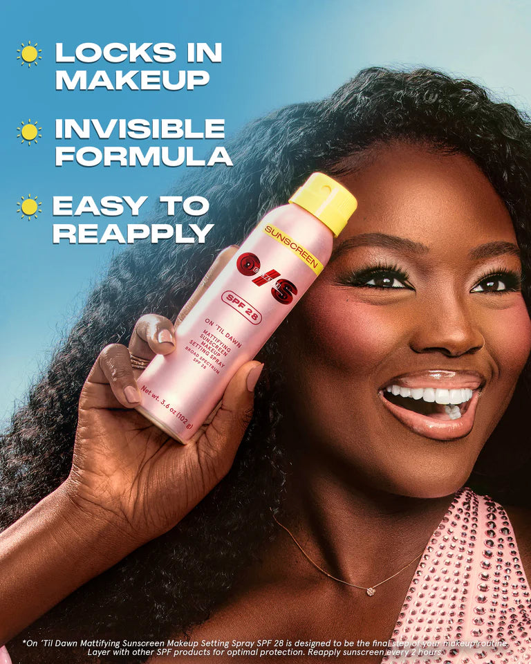 One size ON ‘TIL DAWN
MATTIFYING SUNSCREEN MAKEUP SETTING SPRAY SPF 28 FULL-SIZED