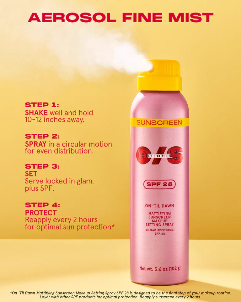 One size ON ‘TIL DAWN
MATTIFYING SUNSCREEN MAKEUP SETTING SPRAY SPF 28 FULL-SIZED