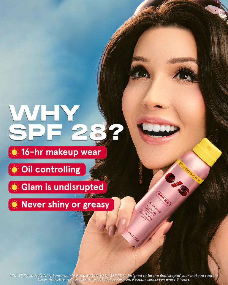 One size ON ‘TIL DAWN
MATTIFYING SUNSCREEN MAKEUP SETTING SPRAY SPF 28 FULL-SIZED