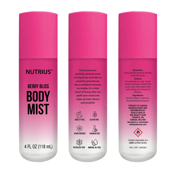 Nutrius Body Mist - Berry Bliss, 4 FL OZ - Refreshing and Hydrating Daily Fragrance